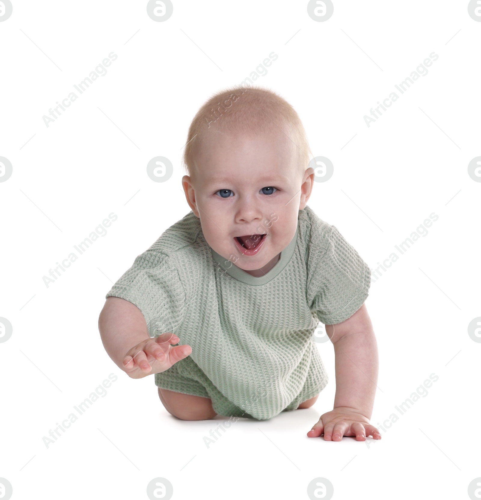 Cute little baby crawling on white background Photo of Cute little baby crawling on white background