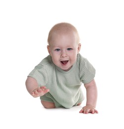 Photo of Cute little baby crawling on white background