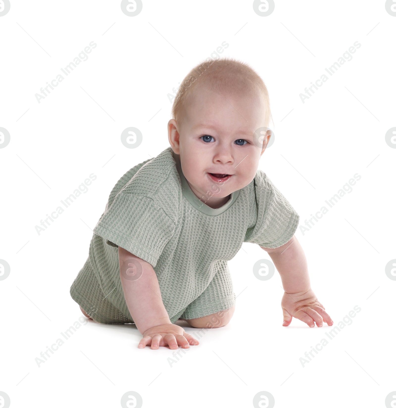 Cute little baby crawling on white background Photo of Cute little baby crawling on white background