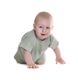 Photo of Cute little baby crawling on white background