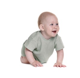 Photo of Cute little baby crawling on white background