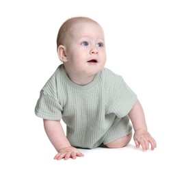 Photo of Cute little baby crawling on white background