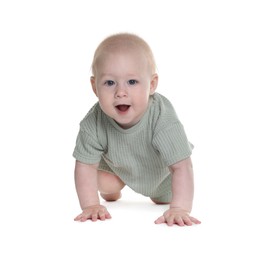 Photo of Cute little baby crawling on white background