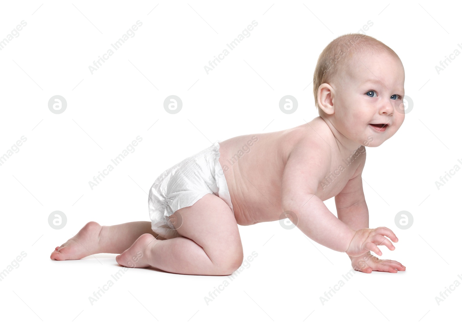 Cute little baby crawling on white background Photo of Cute little baby crawling on white background