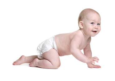 Photo of Cute little baby crawling on white background