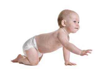 Photo of Cute little baby crawling on white background