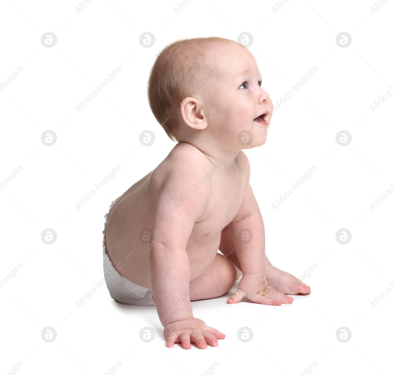 Cute little baby crawling on white background Photo of Cute little baby crawling on white background