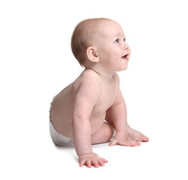 Photo of Cute little baby crawling on white background