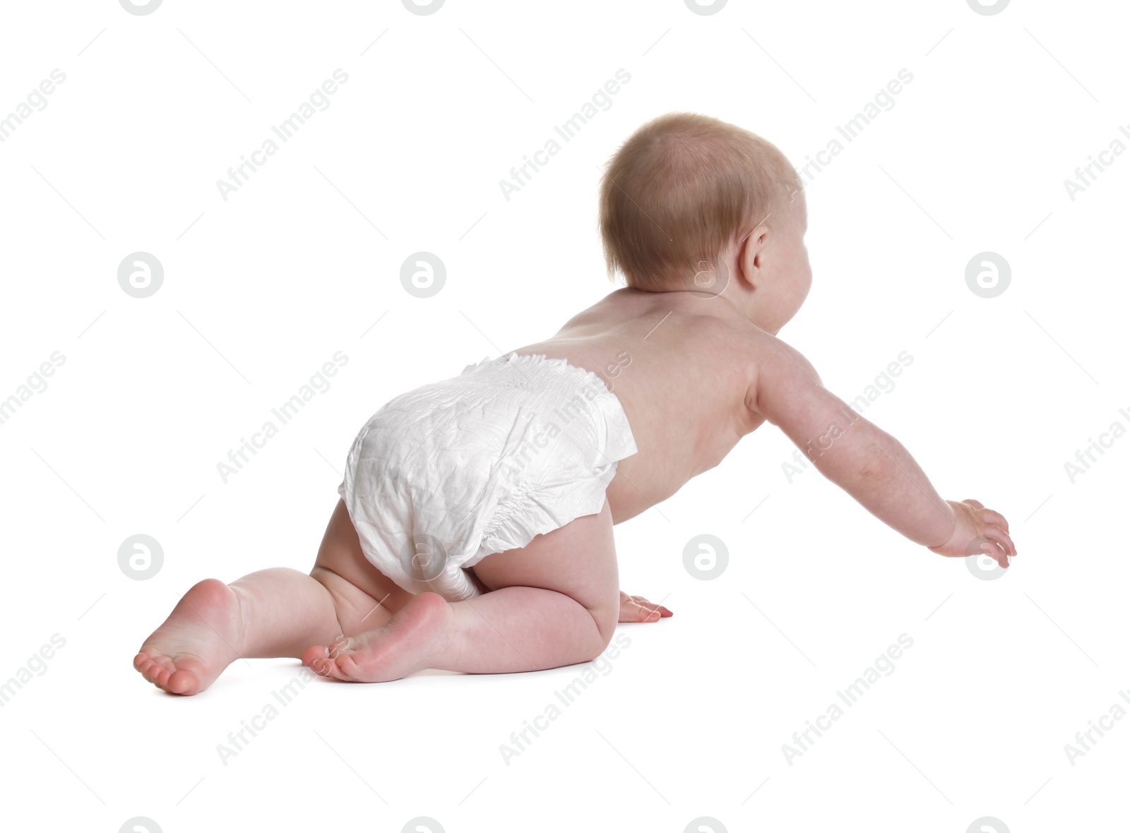 Cute little baby crawling on white background Photo of Cute little baby crawling on white background