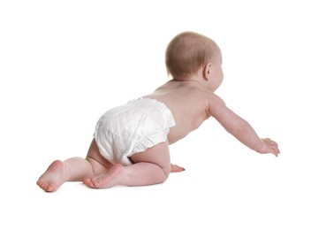 Photo of Cute little baby crawling on white background