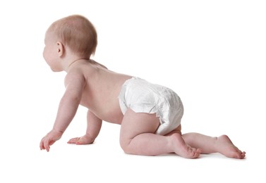 Photo of Cute little baby crawling on white background