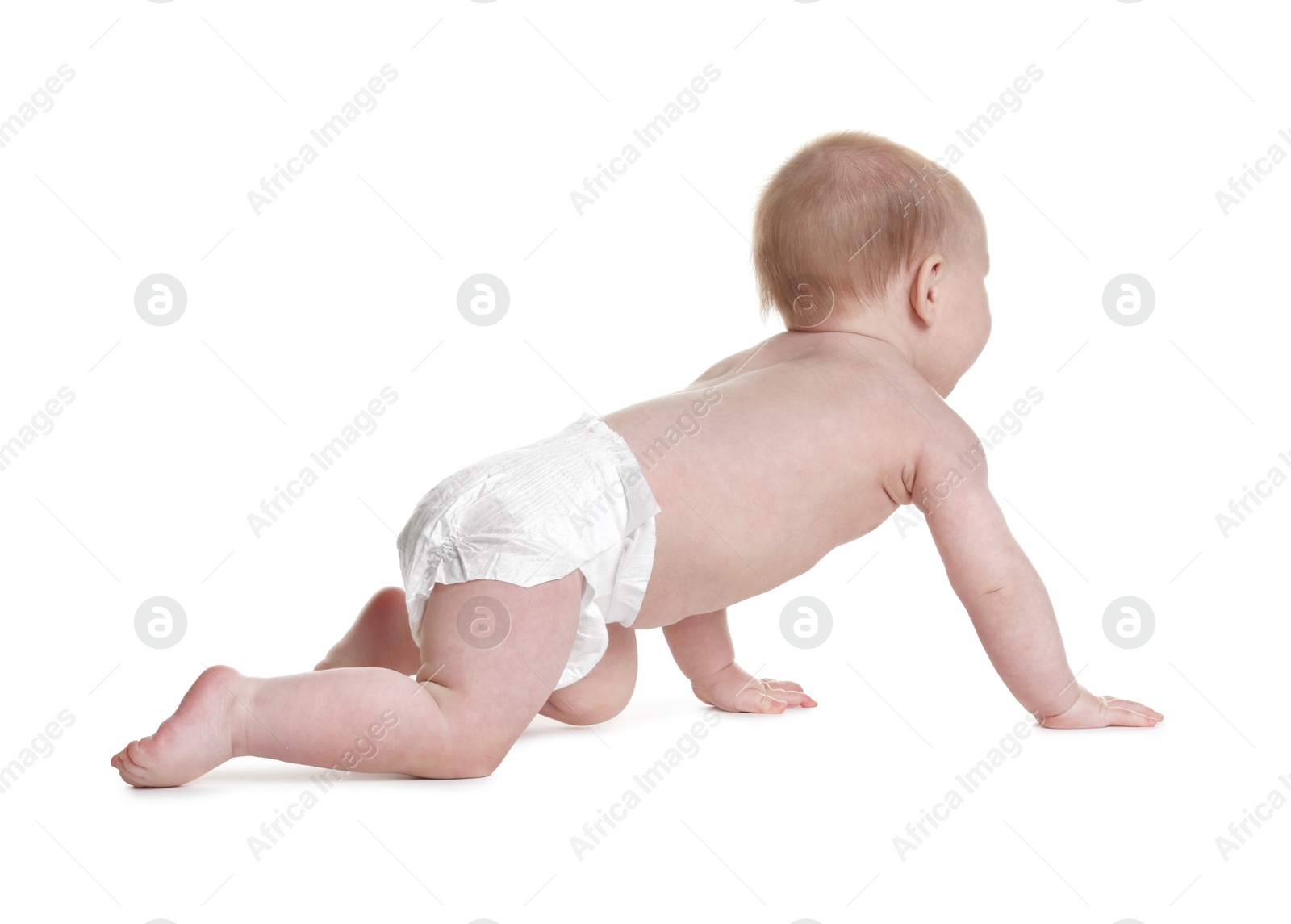 Cute little baby crawling on white background Photo of Cute little baby crawling on white background