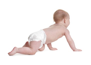 Photo of Cute little baby crawling on white background