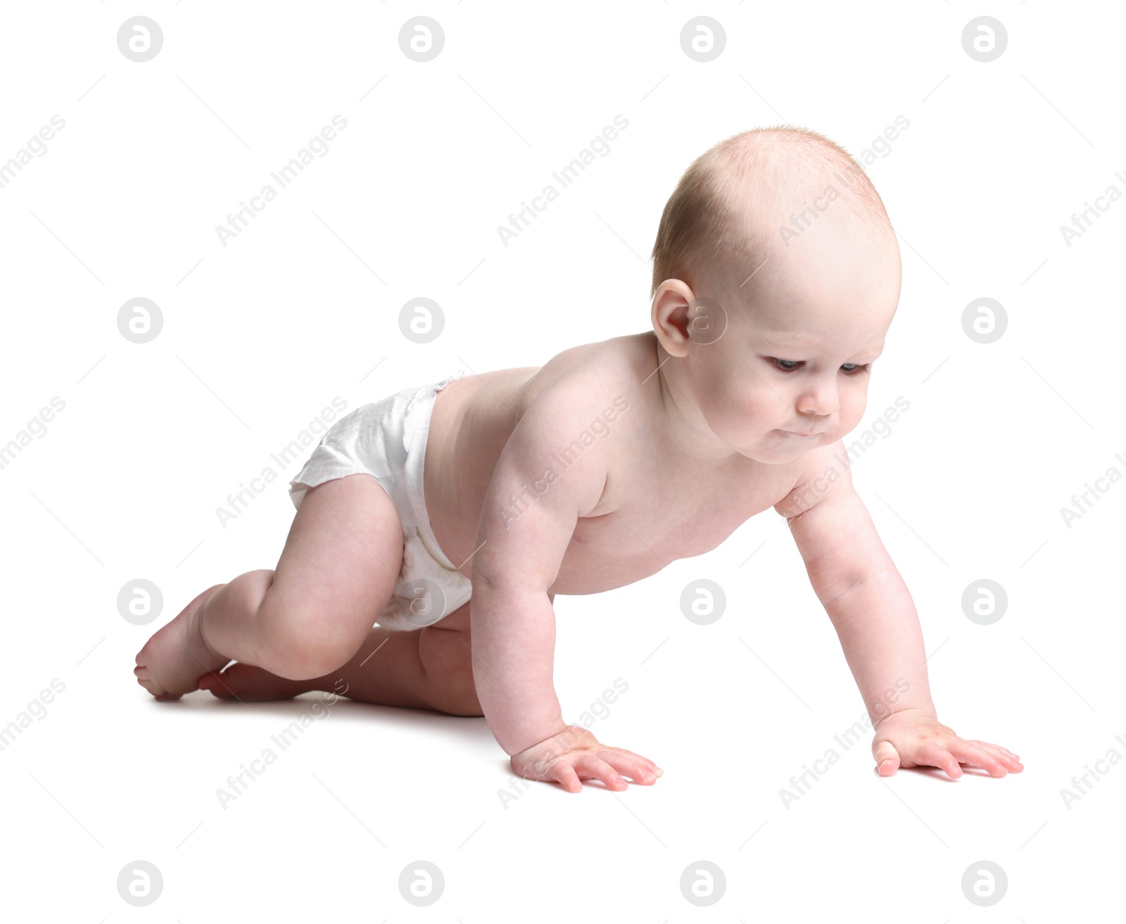 Cute little baby crawling on white background Photo of Cute little baby crawling on white background