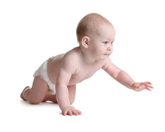 Photo of Cute little baby crawling on white background