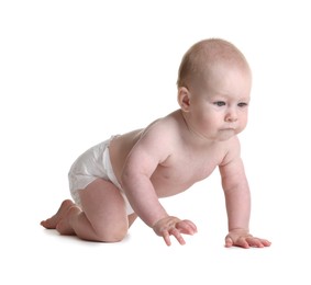 Photo of Cute little baby crawling on white background