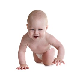 Photo of Cute little baby crawling on white background
