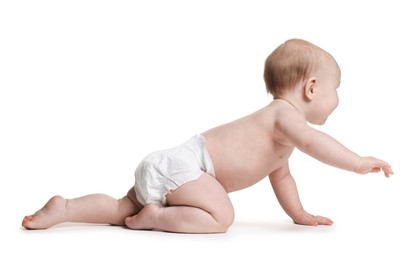 Photo of Cute little baby crawling on white background