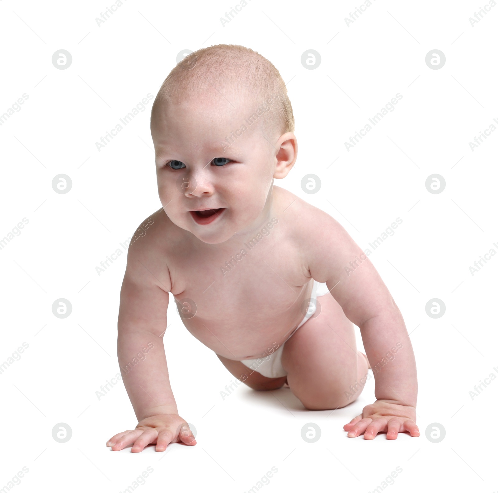 Cute little baby crawling on white background Photo of Cute little baby crawling on white background