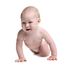 Photo of Cute little baby crawling on white background