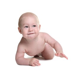 Photo of Cute little baby crawling on white background