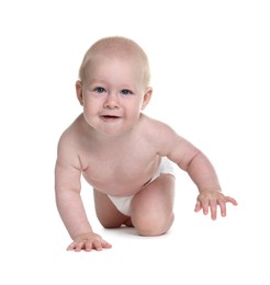 Photo of Cute little baby crawling on white background