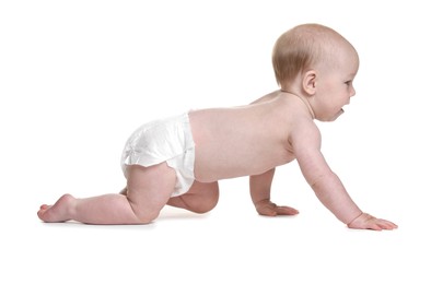 Photo of Cute little baby crawling on white background