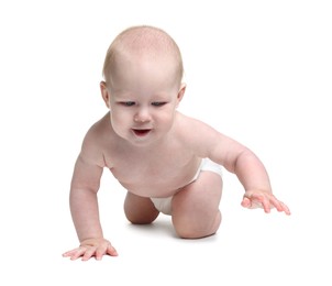 Photo of Cute little baby crawling on white background