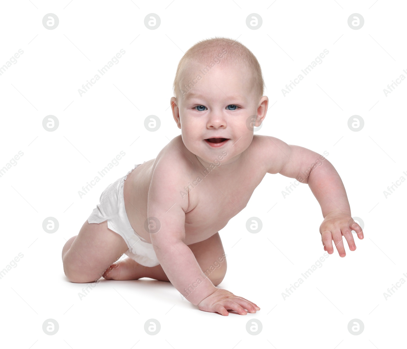 Cute little baby crawling on white background Photo of Cute little baby crawling on white background