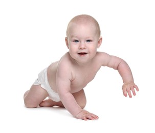 Photo of Cute little baby crawling on white background