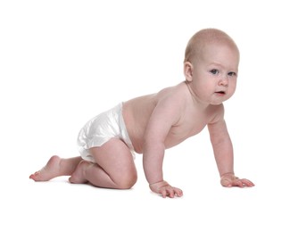 Photo of Cute little baby crawling on white background