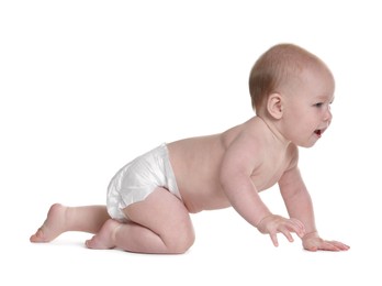 Photo of Cute little baby crawling on white background