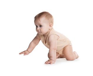 Photo of Cute little baby crawling on white background