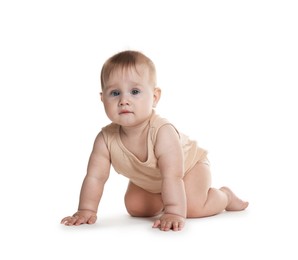 Photo of Cute little baby crawling on white background