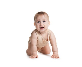 Photo of Cute little baby crawling on white background
