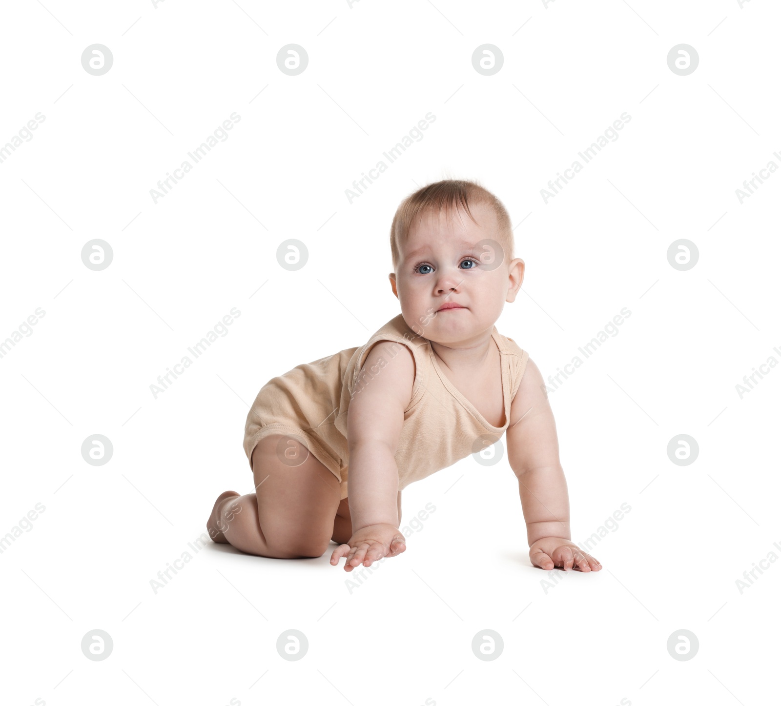 Cute little baby crawling on white background Photo of Cute little baby crawling on white background