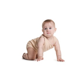 Photo of Cute little baby crawling on white background