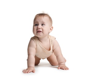 Photo of Cute little baby crawling on white background