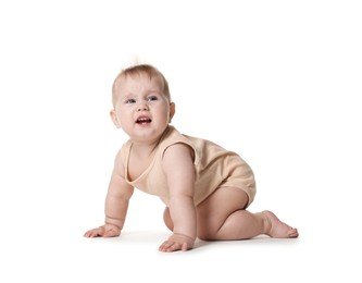 Photo of Cute little baby crawling on white background