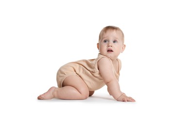 Photo of Cute little baby crawling on white background