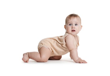 Photo of Cute little baby crawling on white background