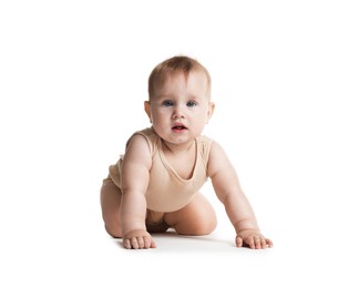 Photo of Cute little baby crawling on white background
