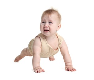 Photo of Cute little baby crawling on white background