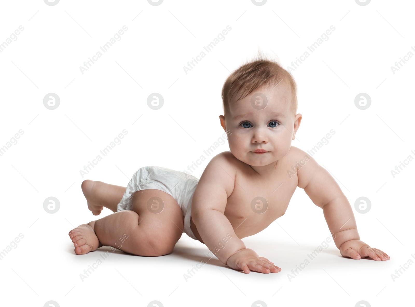 Cute little baby crawling on white background Photo of Cute little baby crawling on white background