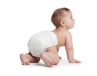 Photo of Cute little baby crawling on white background