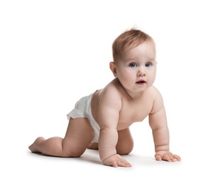 Photo of Cute little baby crawling on white background