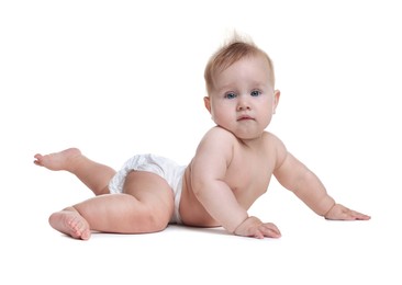 Photo of Cute little baby in diaper on white background