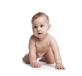 Photo of Cute little baby crawling on white background