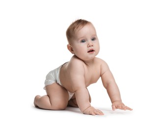 Photo of Cute little baby crawling on white background