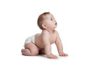 Photo of Cute little baby crawling on white background